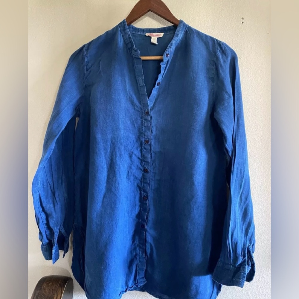Eileen Fisher Blue Organic Linen Button Down Tunic Shirt